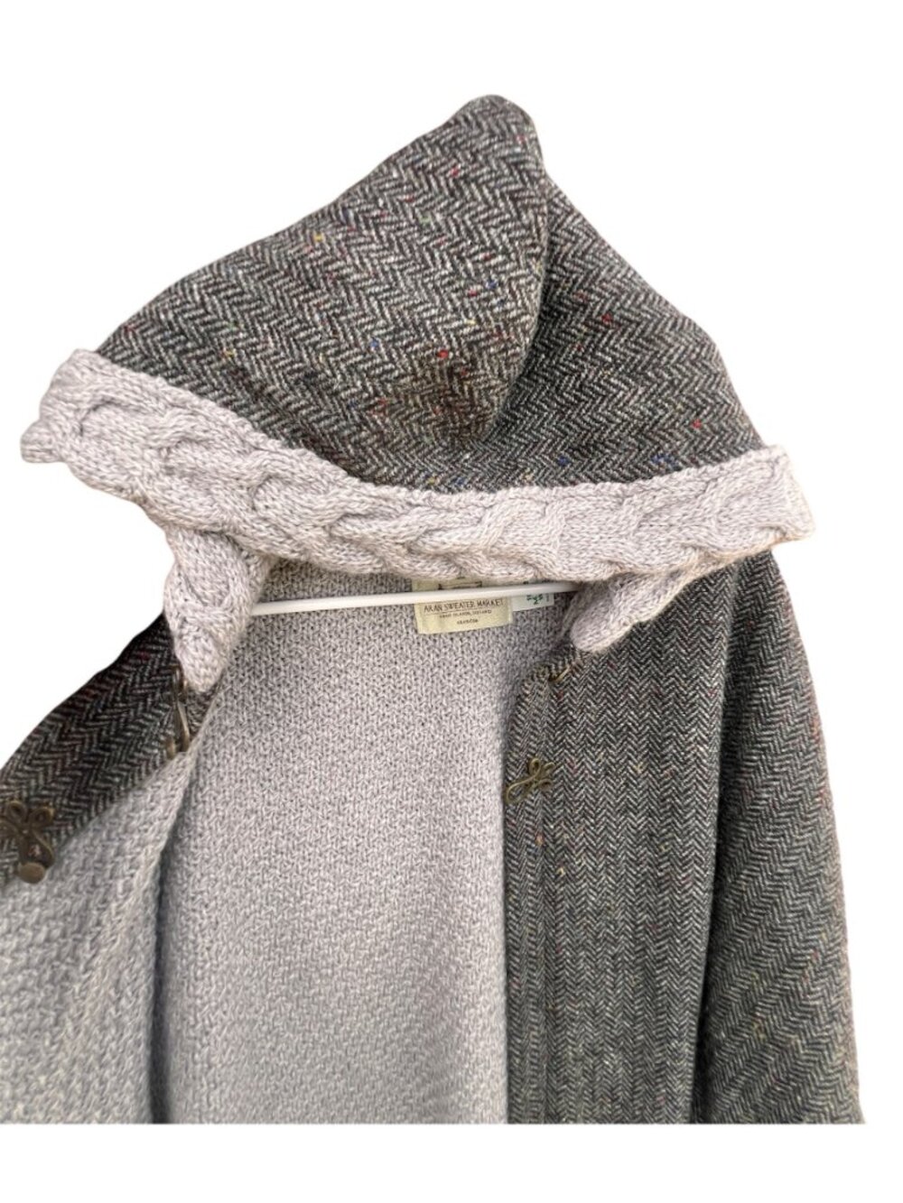 Aran Womens Tweed Poncho W/ Hood Size M/L Herringbone Merino Wool Sweater Lined - Picture 10 of 14